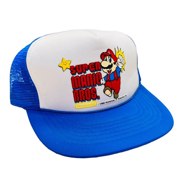 Vintage Other - VTG 1988 Super Mario Bros. Nintendo Deadstock Trucker Mesh Back Hat - Blue